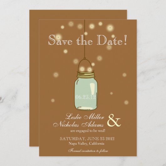 Mason Jar Fireflies Heart Wedding Save the Date (Voorkant / Achterkant)