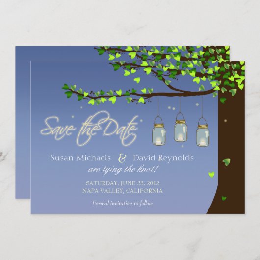 Mason Jar Fireflies Oak Tree Save the Date (Voorkant / Achterkant)