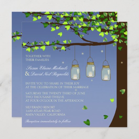Mason Jar Fireflies Oak Tree Weddenschap Kaart (Voorkant / Achterkant)