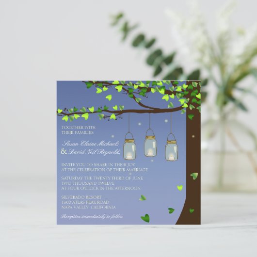 Mason Jar Fireflies Oak Tree Weddenschap Kaart (Staand voorkant)