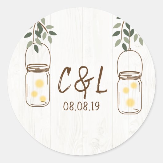 Mason Jar & Fireflies Rustic Wedding Ronde Sticker (Voorkant)