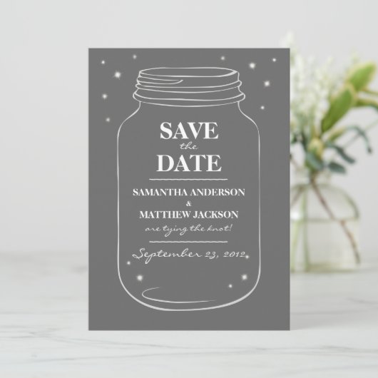 Mason Jar Fireflies Save the Date Cards - Grey (Staand voorkant)