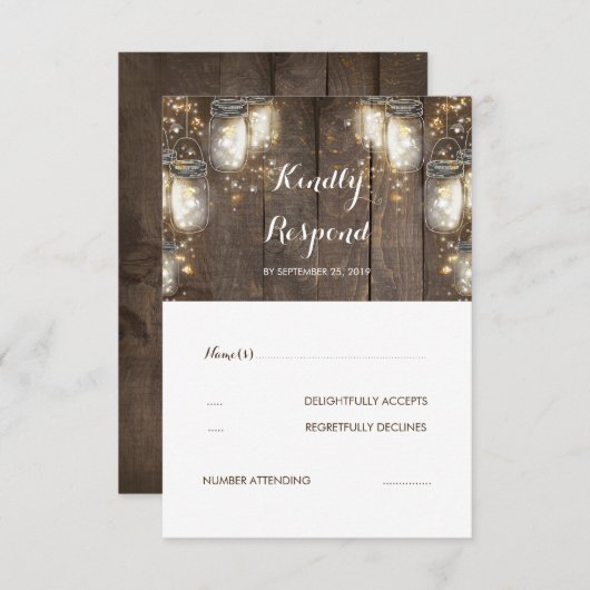 Mason Jar Firefly Lights Rustieke bruiloft RSVP (Voorkant / Achterkant)