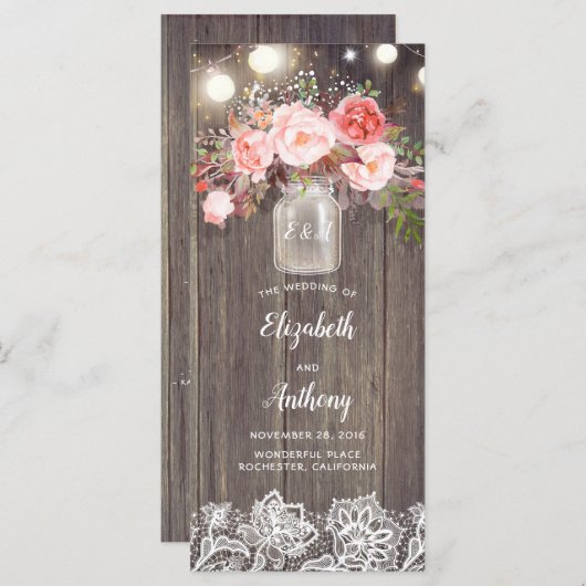 Mason Jar Fleurs roses Programmes de mariage rusti (Devant / Derrière)