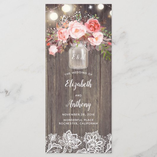 Mason Jar Fleurs roses Programmes de mariage rusti (Devant)