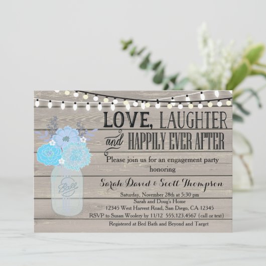 Mason Jar Floral Blue Fiançailles Part Invitation (Debout devant)