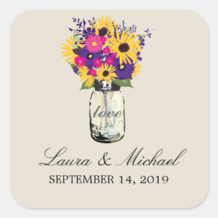 Mason Jar Floral Bruiloft Vierkante Sticker