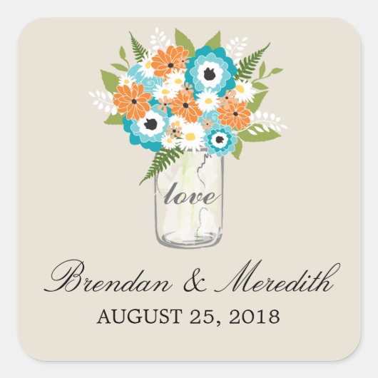 Mason Jar Floral Bruiloft Vierkante Sticker (Voorkant)