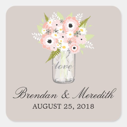 Mason Jar Floral Bruiloft Vierkante Sticker (Voorkant)