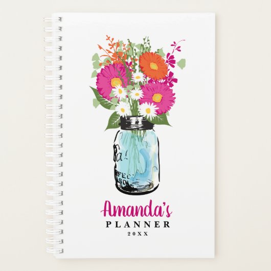 Mason Jar Fuchsia Roze Sinaasappel Gerber Daisies Planner (Voorkant)