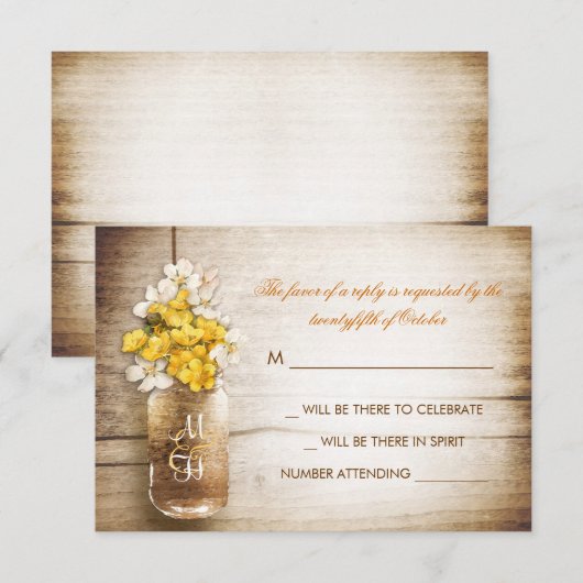 Mason jar & gele witte bloemen trouw RSVP kaart (Voorkant / Achterkant)