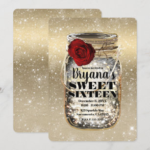Mason Jar Glitterlichtjes & Rode Roos Sweet 16 Kaart