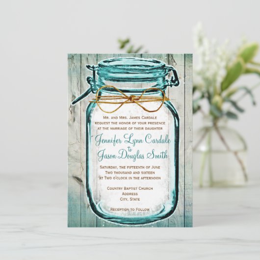 Mason Jar Grange Bois Rustique Invitations de mari (Debout devant)