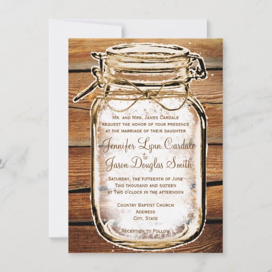 Mason Jar Grange Bois Rustique Invitations de mari (Devant)