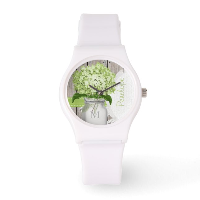 Mason Jar Green Hydrangea Horloge (Voorkant)