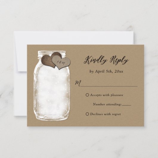 Mason Jar Hearts Lights Kraft Wedding Carte RSVP (Devant)