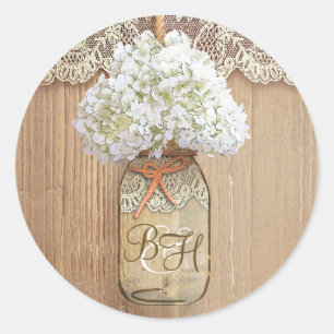 Mason Jar Hydrangea Bloemen Rustieke Bruiloft Ronde Sticker