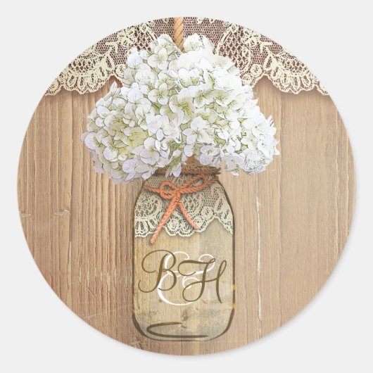 Mason Jar Hydrangea Bloemen Rustieke Bruiloft Ronde Sticker (Voorkant)