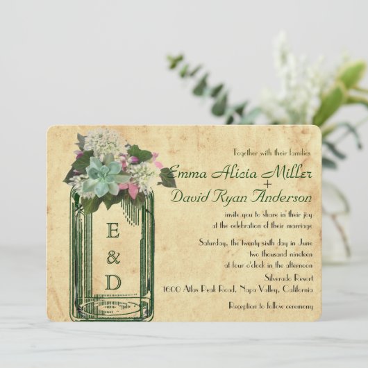 Mason Jar Hydrangeas Mariage Succulent Invitation (Debout devant)