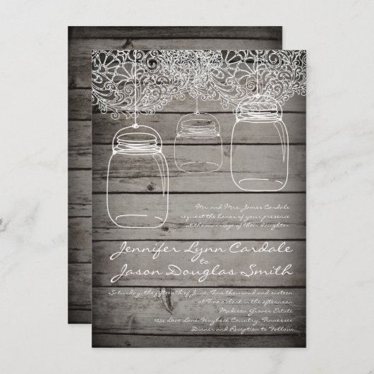 Mason Jar Lace Grange Bois Mariage Invitations (Devant / Derrière)
