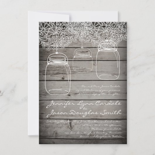 Mason Jar Lace Grange Bois Mariage Invitations (Devant)