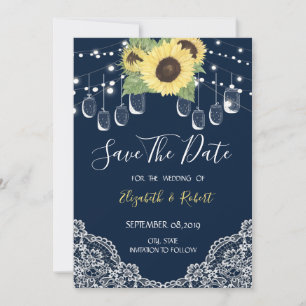 Mason Jar, Lace, Sunflower Navy Blue Save the Date