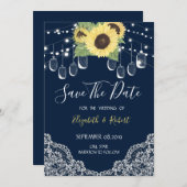 Mason Jar, Lace, Sunflower Navy Blue Save the Date (Voorkant / Achterkant)