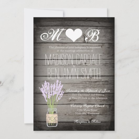 Mason Jar Lavender Rustic Wood Wedding Invitations (Devant)