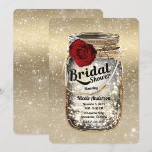 Mason Jar Lichtslingers & Rode Rozen Bruidsdouche Kaart