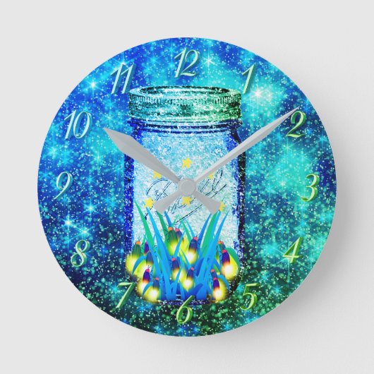 Mason jar lightning bug glanzend firefnet ronde klok (Voorkant)