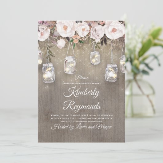Mason Jar Lights Bloemen Rustiek Baby shower Kaart (Staand voorkant)