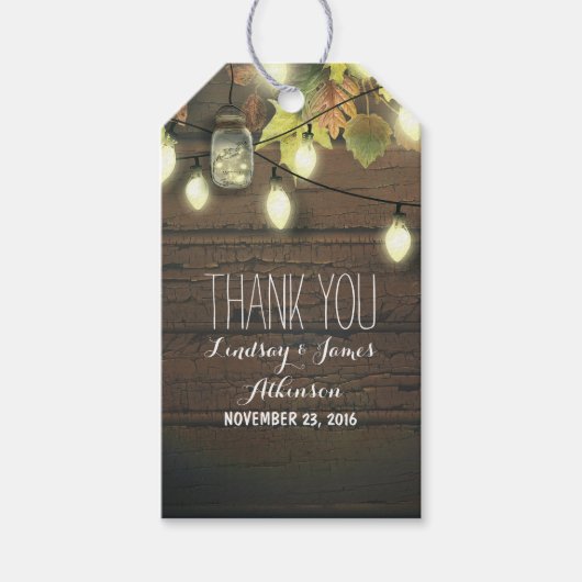 Mason Jar Lights en Fall Leaves Rustieke Schuur Cadeaulabel (Voorkant)