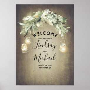 Mason Jar Lights en Greenery Wedding Welcome Sign Poster