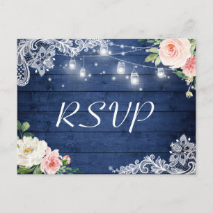 Mason Jar Lights Floral Rustic Blue Wedding RSVP Uitnodiging Briefkaart