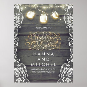 Mason Jar Lights Lace Mariage Affiche de bienvenue