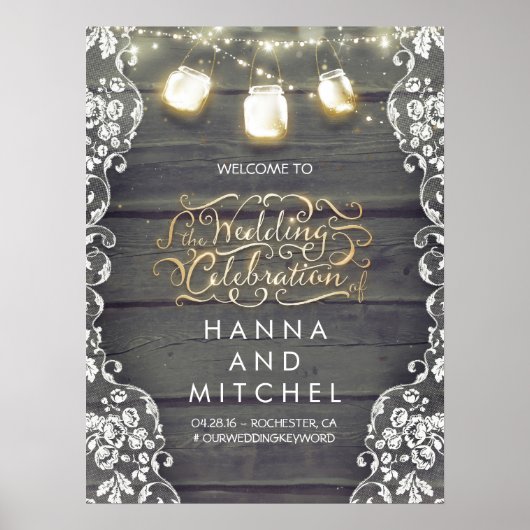 Mason Jar Lights Lace Mariage Affiche de bienvenue (Devant)