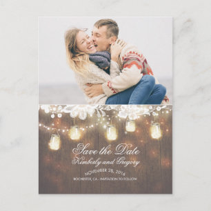 Mason Jar Lights Lace Rustic Photo Save the Date Aankondigingskaart
