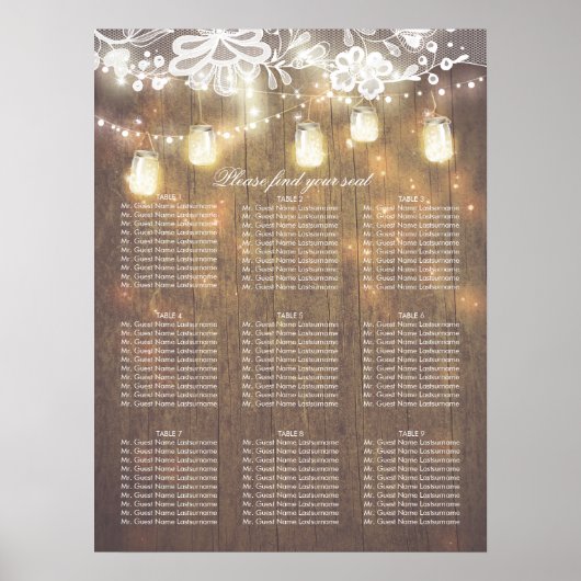 Mason Jar Lights Lace Wood Wedding Seding Chart Poster (Voorkant)