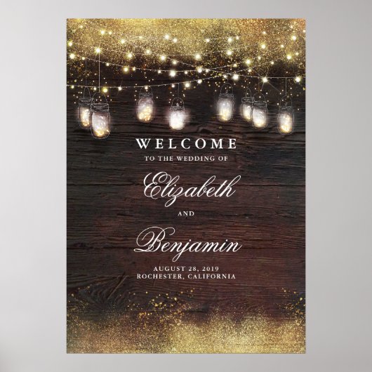 Mason Jar Lights Rustic Wedding Welcome Sign Poster (Voorkant)