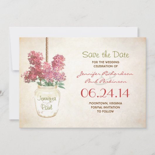 Mason Jar & Lilas Sla de datum op Save The Date (Voorkant)