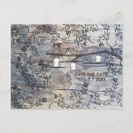 Mason Jar & Love Birds Rustic Branch Bewaar de Dat Aankondigingskaart (Voorkant)