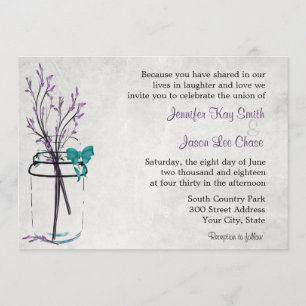 Mason Jar met Paarse bijkantoren Wedding Invitatio Kaart