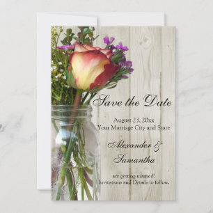 Mason Jar met Roos/Wilde Bloemen Bewaar de Datum Save The Date