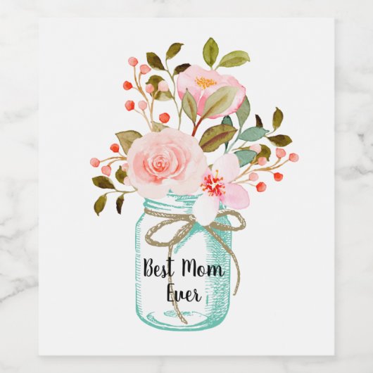 Mason Jar Met Roze Bloemen Moeder Gift Idee Wijn Etiket (Enkel label)