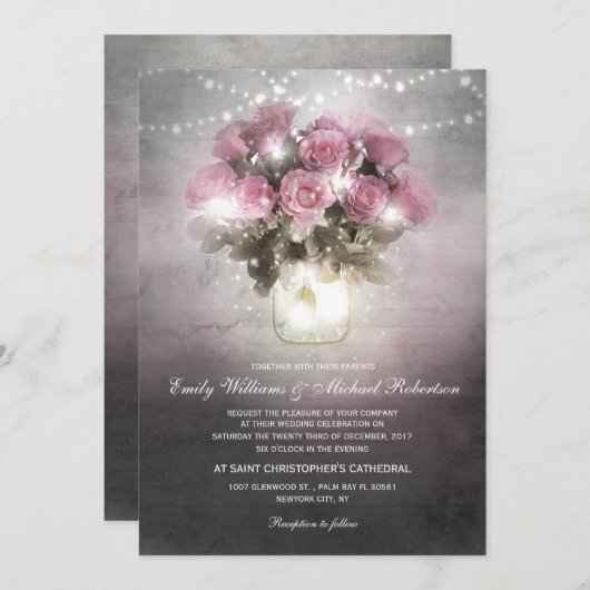 Mason jar met rozen string licht bruiloft kaart (Voorkant / Achterkant)