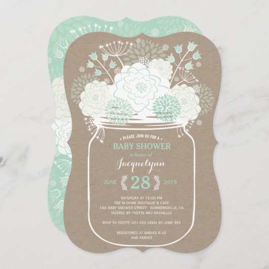 Mason Jar Mint Blooms Baby shower Kraft Invitation (Devant / Derrière)
