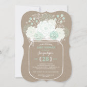 Mason Jar Mint Blooms Baby shower Kraft Invitation (Devant)