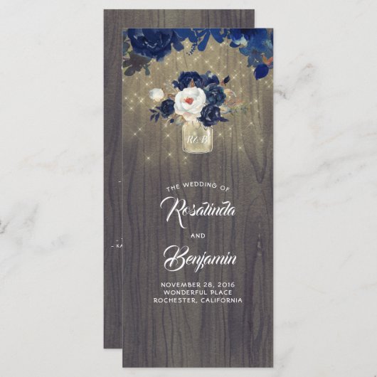 Mason Jar Navy Bloemen Rustieke Trouwprogramma's Programma (Voorkant / Achterkant)