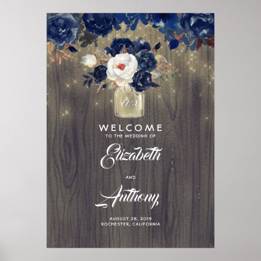 Mason Jar Navy Floral Wedding Welcome Sign Poster (Voorkant)