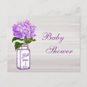 Mason Jar & Paars Hydrangea Chic Grey Baby shower Kaart